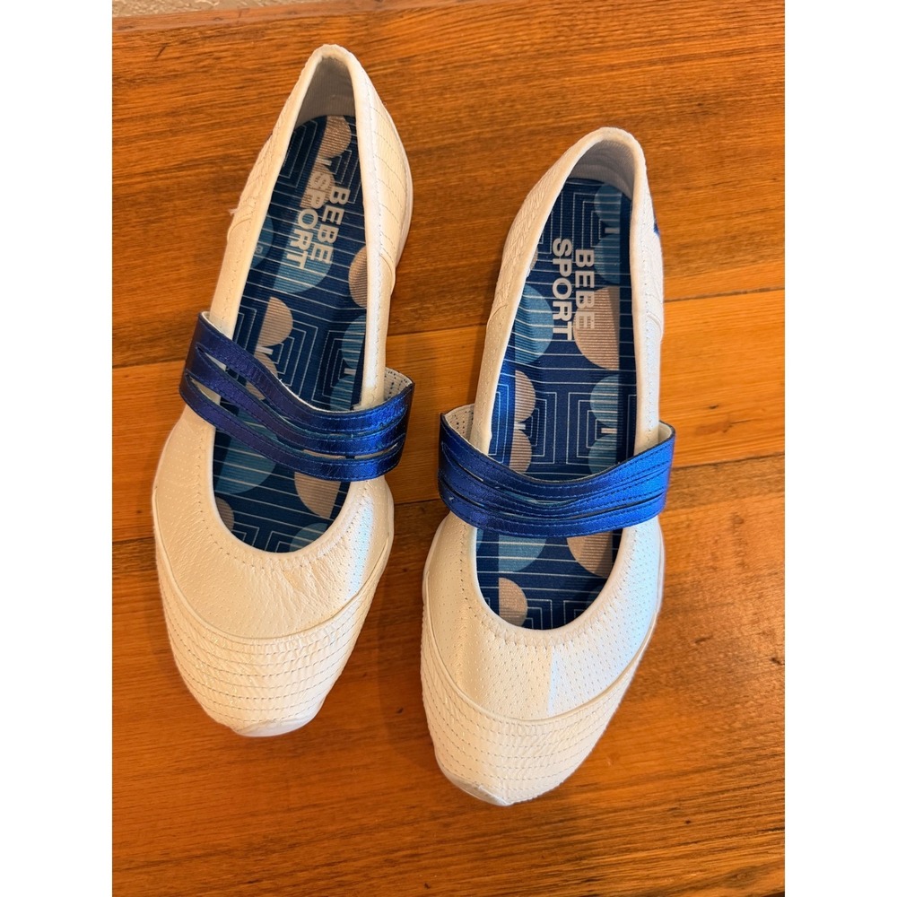 Y2K Bebe Sport Womens White Blue Leather Mary Jane Ballet Flats 8 Puma Sporty - Picture 8 of 11